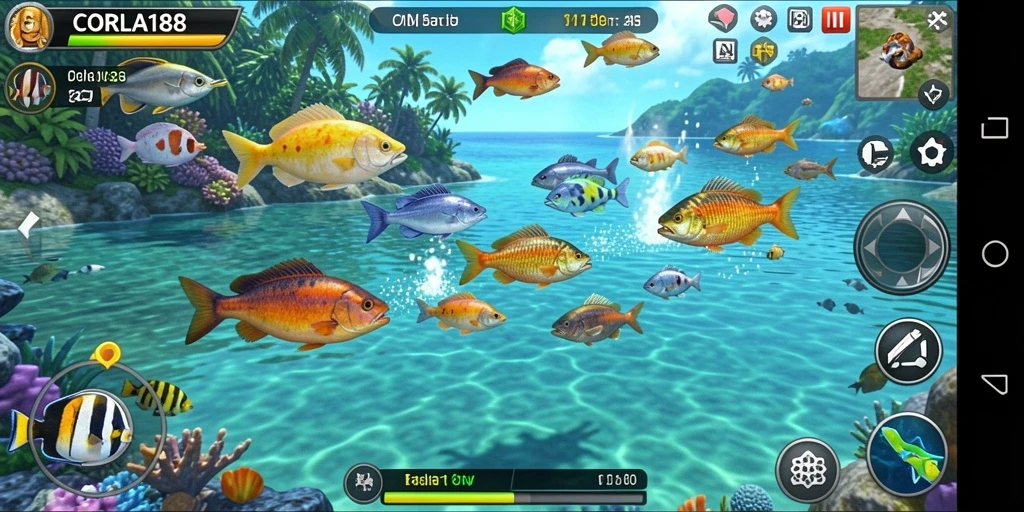 Tangkapan layar utama <strong>CORLA188</strong> menampilkan gameplay menembak ikan yang menarik.
