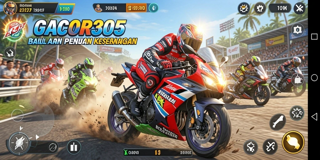 Tampilan gameplay menegangkan dari GACOR305 dengan balapan motor cepat.