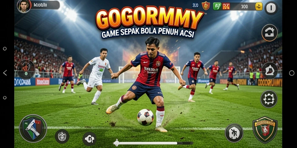 Screenshot GOGORUMMY menunjukkan aksi seru di lapangan sepak bola.