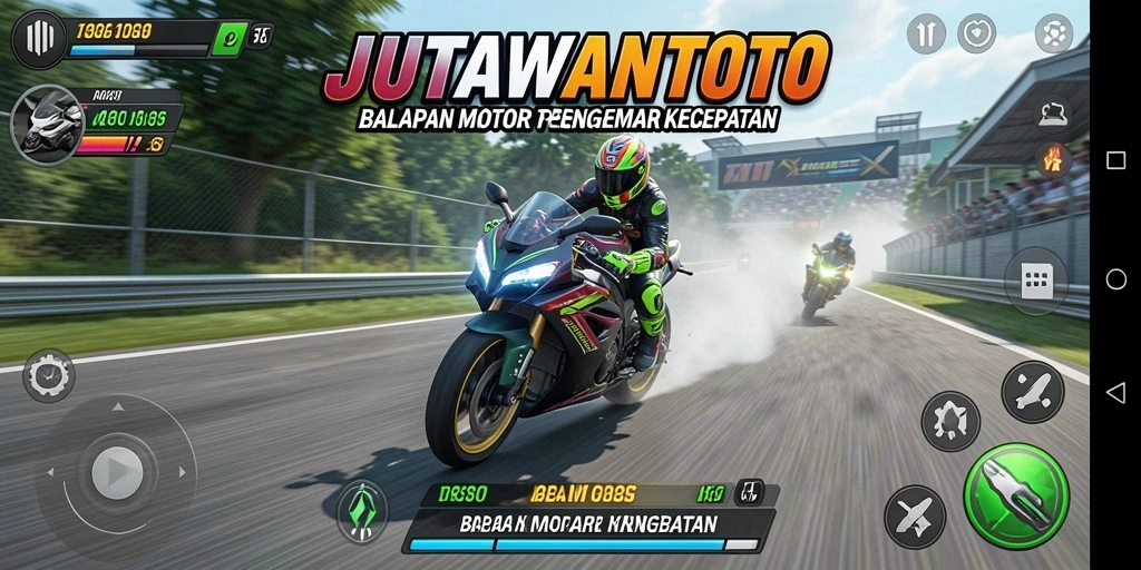 Screenshot gameplay seru JUTAWANTOTO dalam balapan motor.