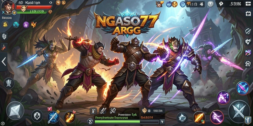 Screenshot gameplay NGASO77 menampilkan pertempuran intens di dunia fantasi.