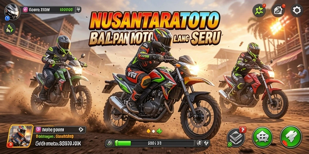 Tampilan gameplay NUSANTARATOTO dengan aksi balapan motor yang mendebarkan.