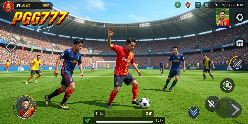 Screenshot PG777 menampilkan aksi seru di lapangan sepak bola.
