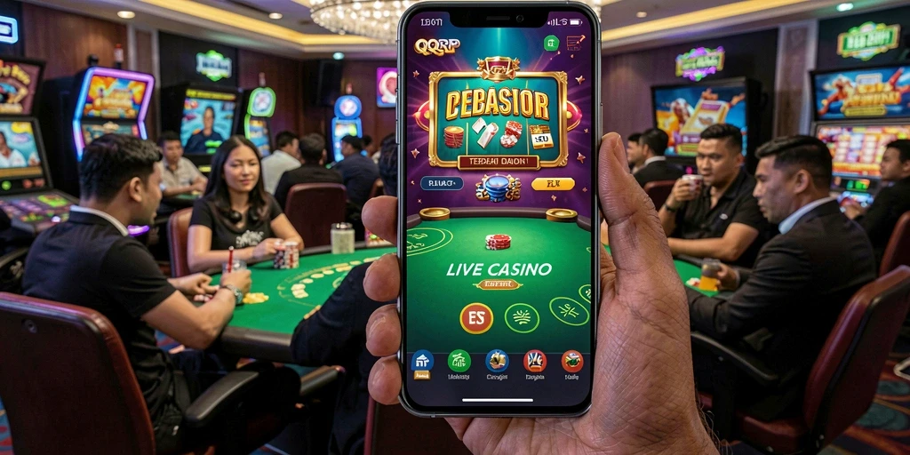 Screenshot utama QQRP menampilkan dealer langsung dengan kartu dan meja permainan.