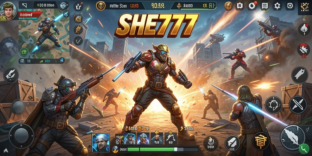 Gambaran mendebarkan gameplay Battle Royale SHE777.