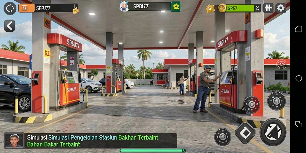Screenshot gameplay menunjukkan pengelolaan stasiun bahan bakar dengan grafis menarik.