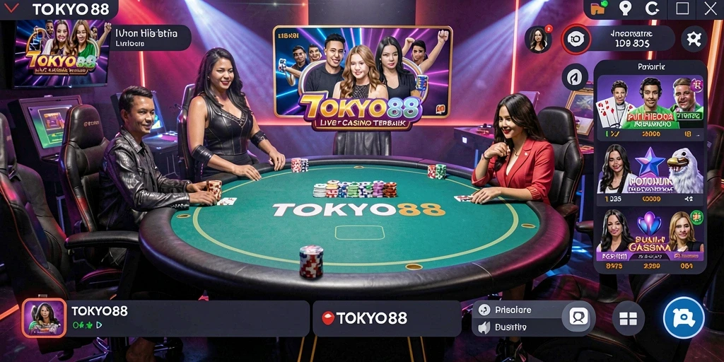 Screenshot gameplay <strong>TOKYO88</strong> menunjukkan dealer profesional dan suasana kasino yang hidup.